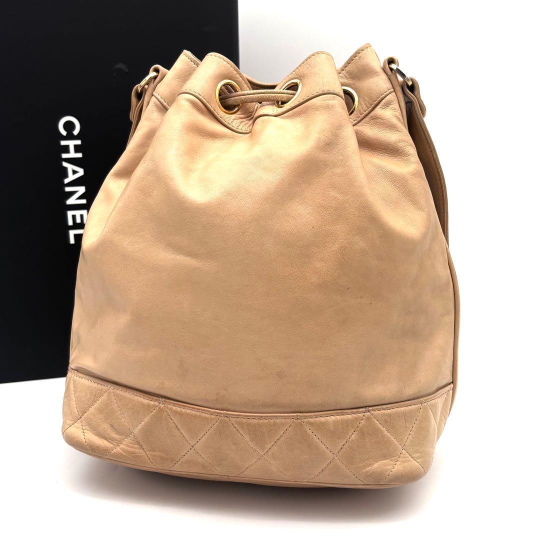Chanel CC Logo Lambskin Drawstring Shoulder Bag Beige Flesh — view 2
