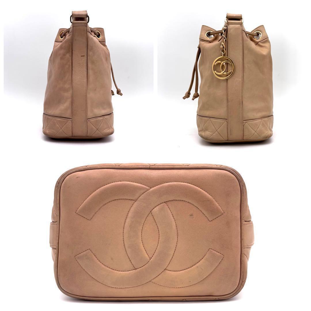 Chanel CC Logo Lambskin Drawstring Shoulder Bag Beige Flesh — view 4