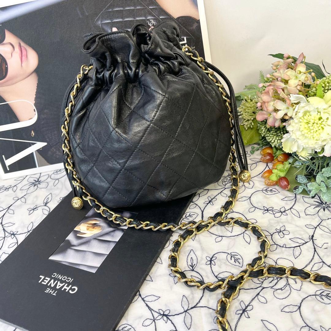 Chanel Drawstring Quilted Black Chain Shoulder