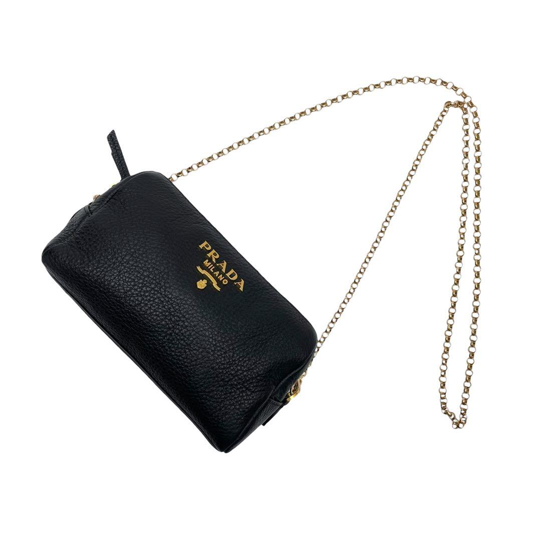 Prada Vitello Leather Chain Shoulder Bag Black — view 3