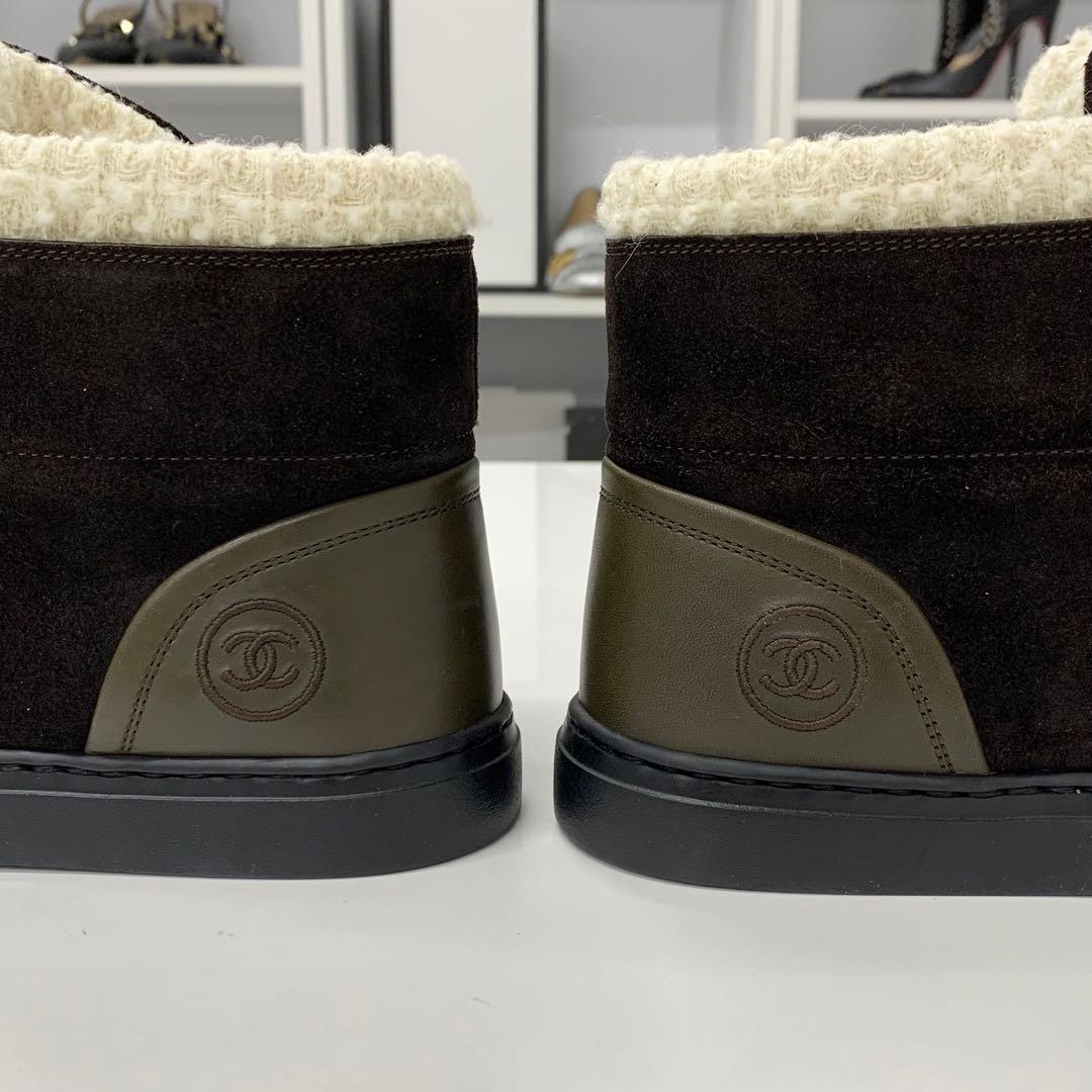 Unused Chanel Suede Leather Tweed Coco Mark High Cut Sneakers
