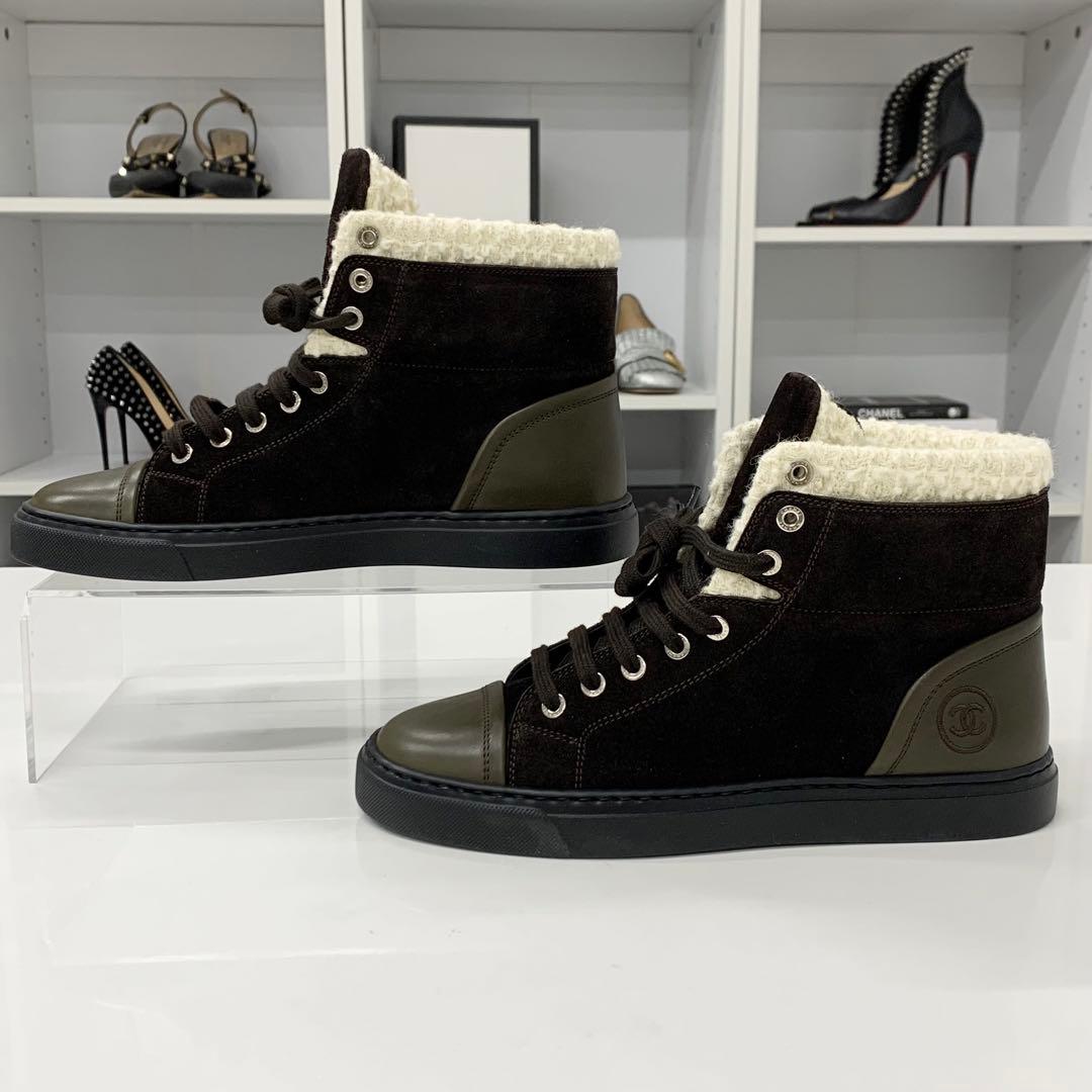 Unused Chanel Suede Leather Tweed Coco Mark High Cut Sneakers