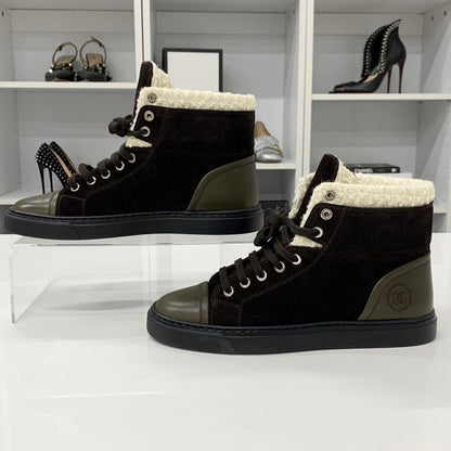Unused Chanel Suede Leather Tweed Coco Mark High Cut Sneakers
