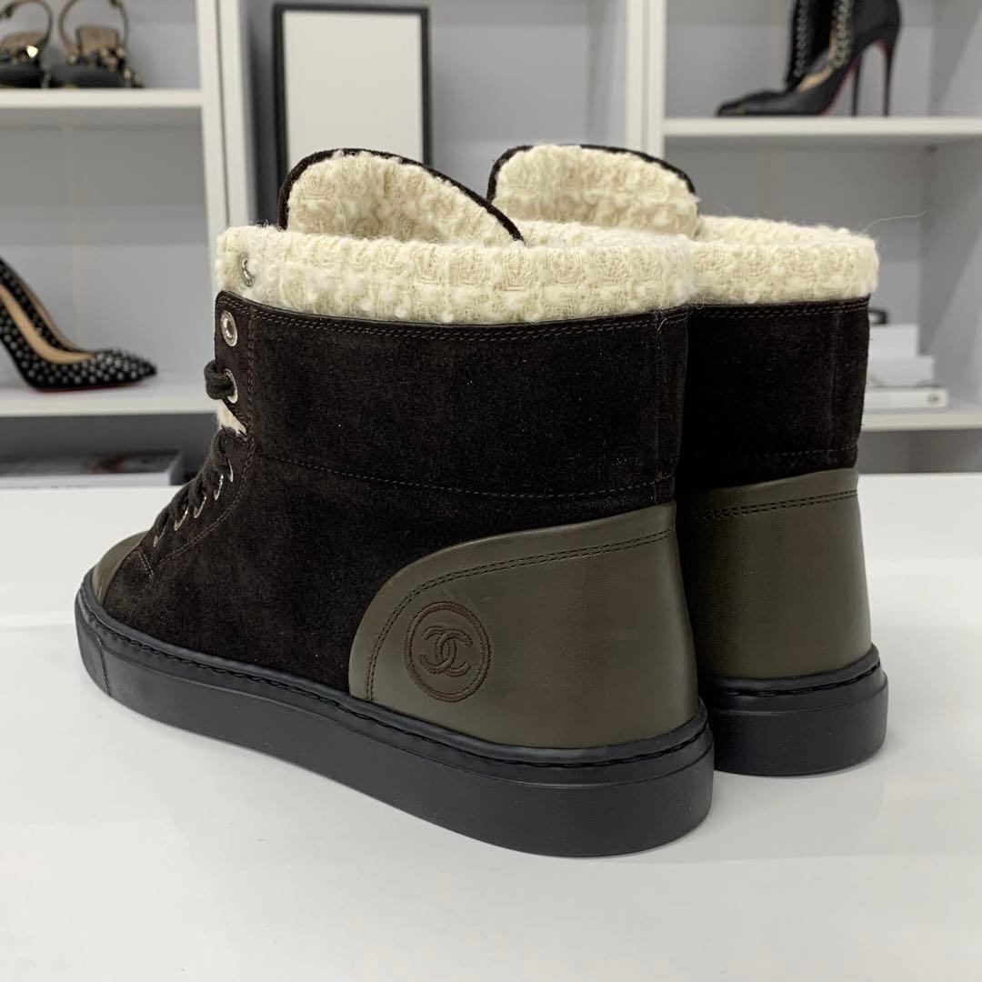 Unused Chanel Suede Leather Tweed Coco Mark High Cut Sneakers