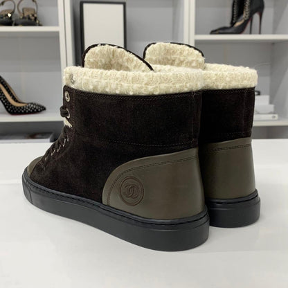 Unused Chanel Suede Leather Tweed Coco Mark High Cut Sneakers