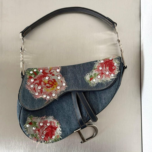 Dior Saddle Bag Denim Floral Pattern