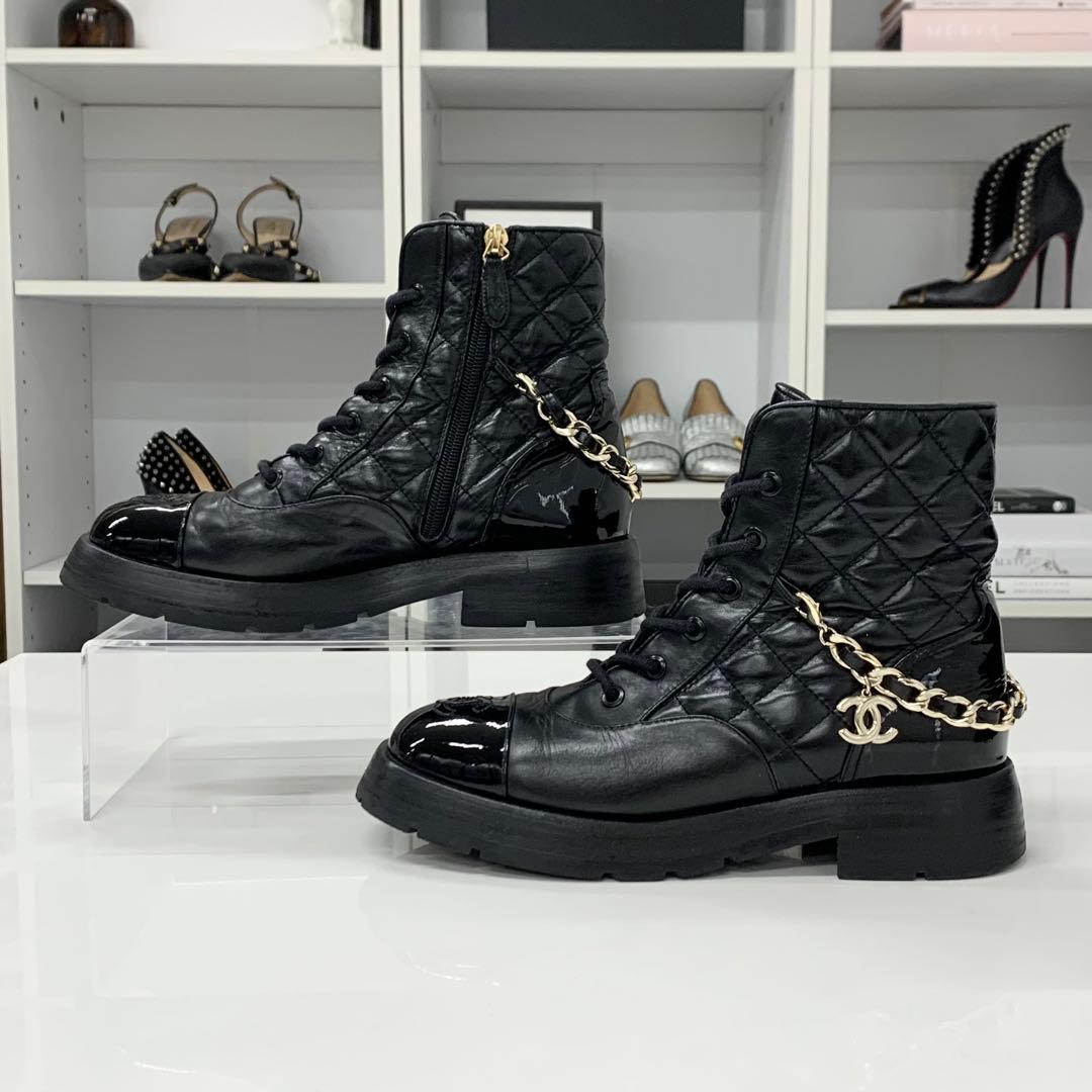 Chanel CC Logo Leather Patent Quilted Chain Short Boots — view 2