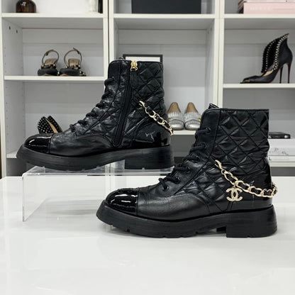 Chanel CC Logo Leather Patent Quilted Chain Short Boots — view 2