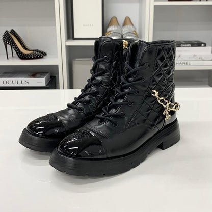 Chanel CC Logo Leather Patent Quilted Chain Short Boots — view 3