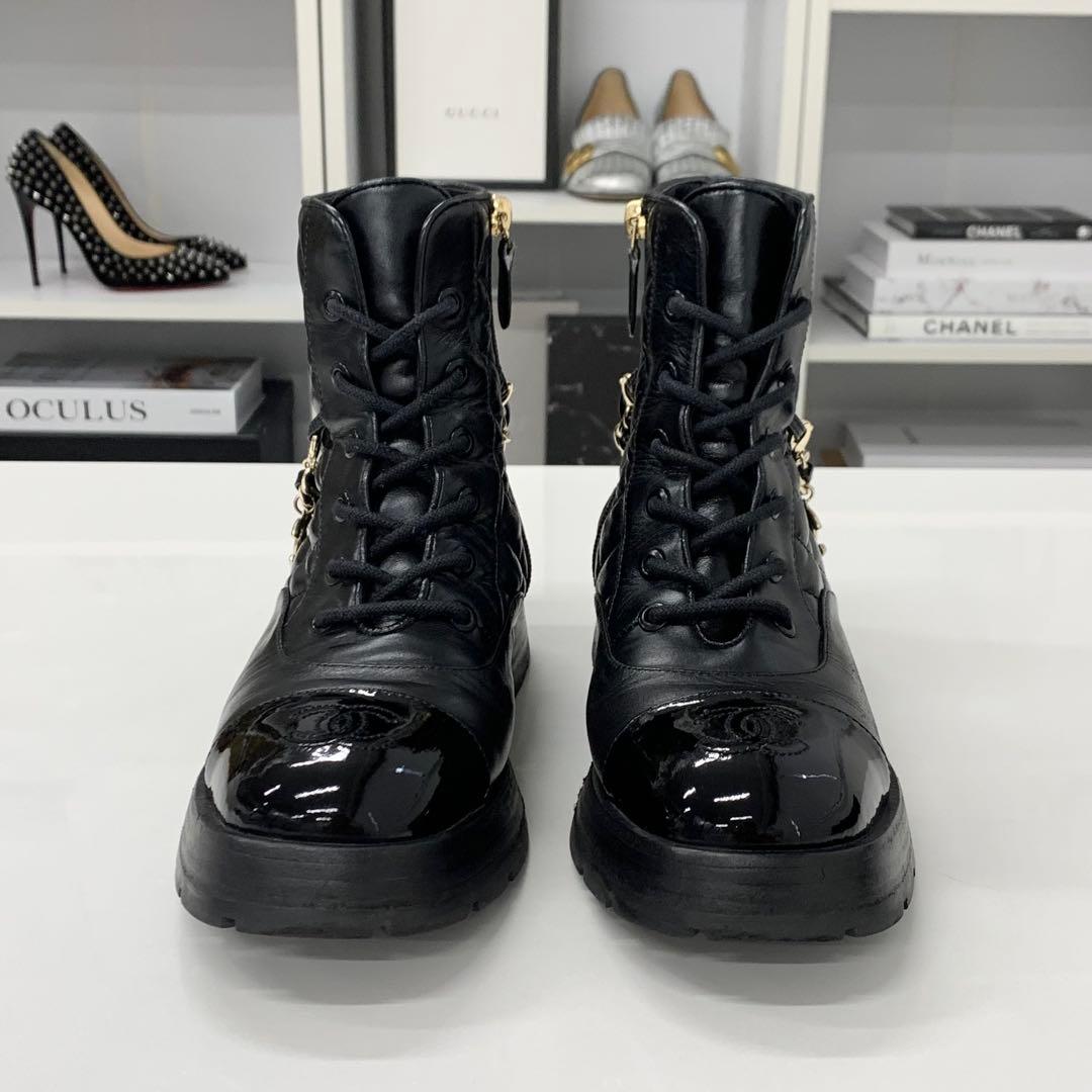 Chanel CC Logo Leather Patent Quilted Chain Short Boots — view 4