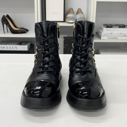 Chanel CC Logo Leather Patent Quilted Chain Short Boots — view 4