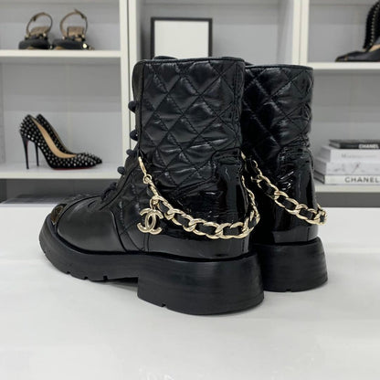Chanel CC Logo Leather Patent Quilted Chain Short Boots — view 5