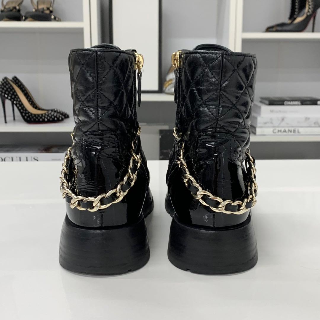 Chanel CC Logo Leather Patent Quilted Chain Short Boots — view 6