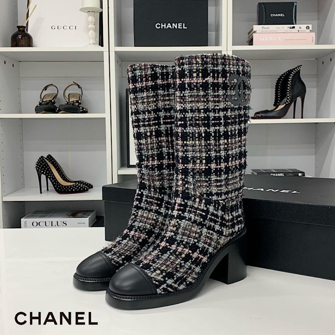 Chanel CC Logo Tweed Leather Long Boots Black