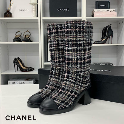 Chanel CC Logo Tweed Leather Long Boots Black