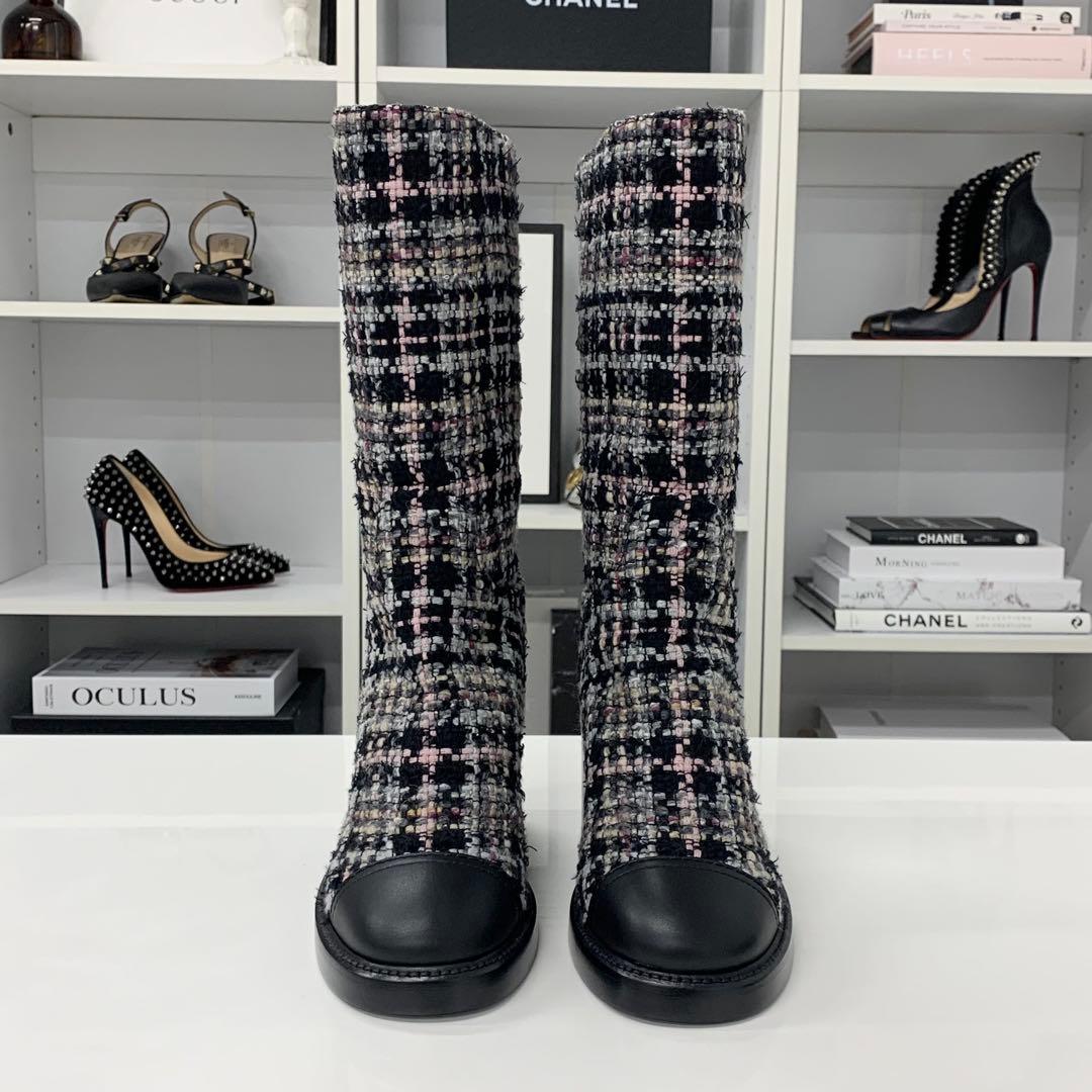Chanel CC Logo Tweed Leather Long Boots Black — view 2