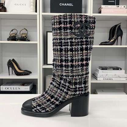 Chanel CC Logo Tweed Leather Long Boots Black — view 3