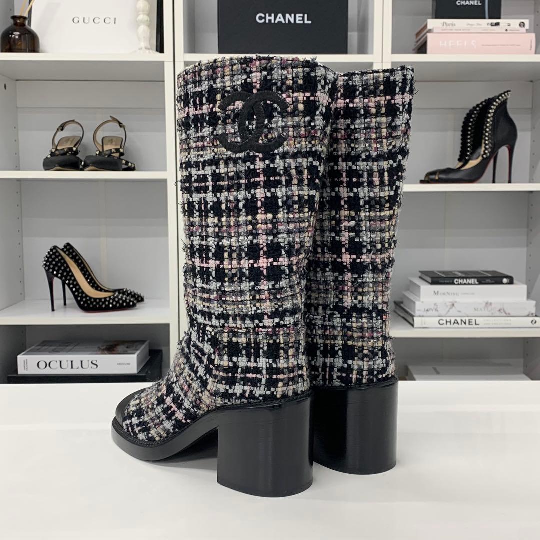 Chanel CC Logo Tweed Leather Long Boots Black — view 4