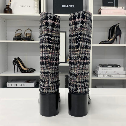 Chanel CC Logo Tweed Leather Long Boots Black — view 5
