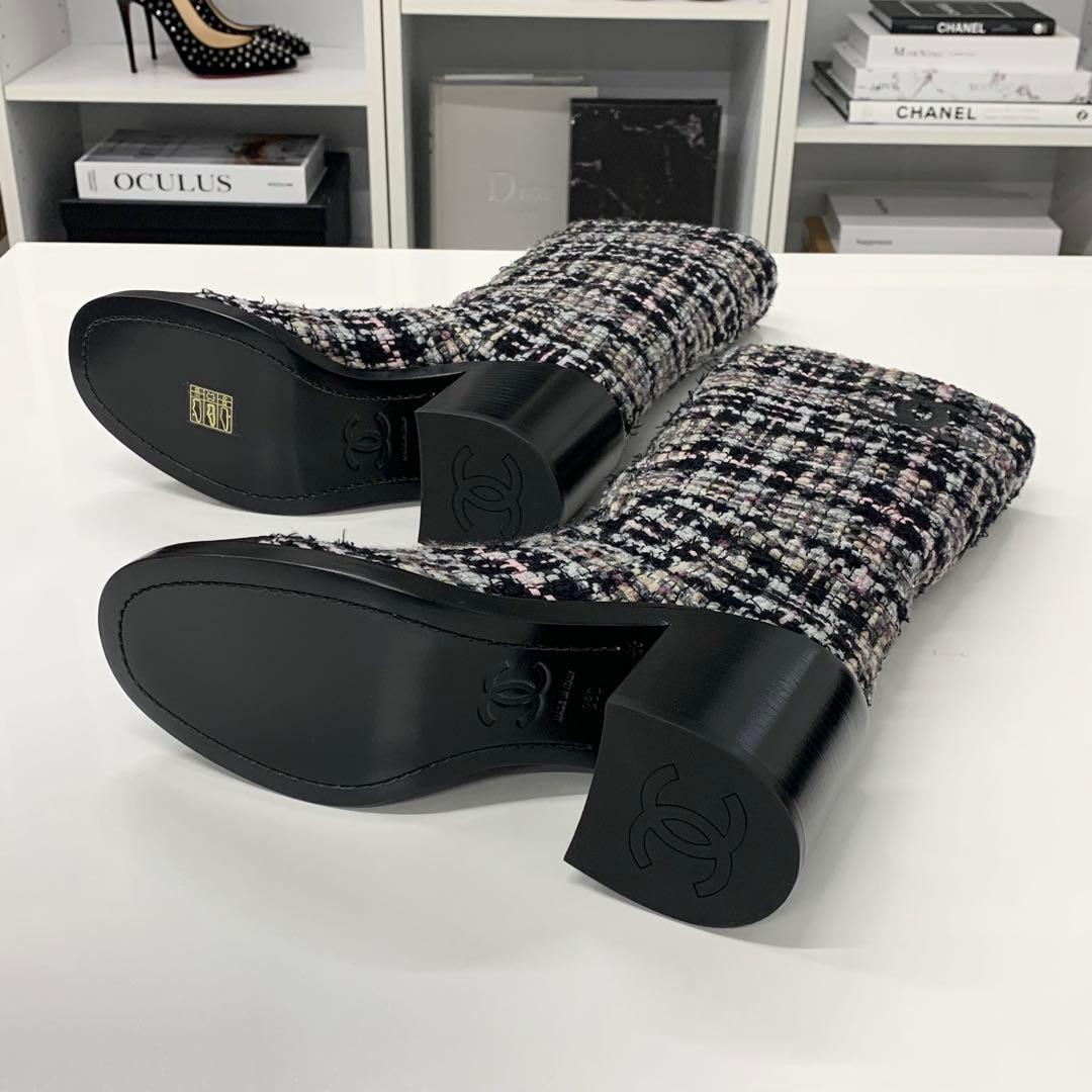 Chanel CC Logo Tweed Leather Long Boots Black — view 6