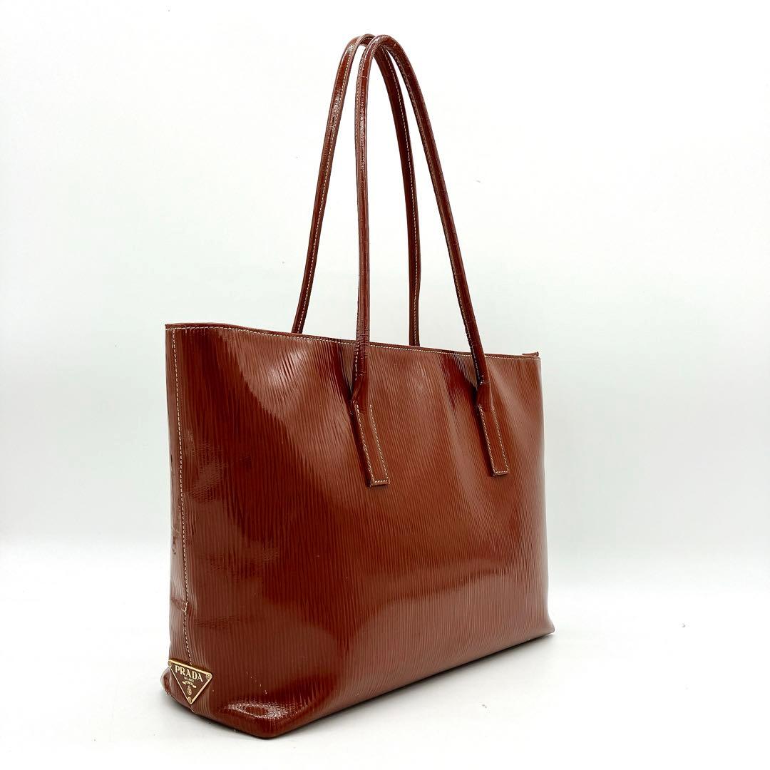 Prada Shoulder Tote Bag Triangle Logo Plate Enamel Leather Brown