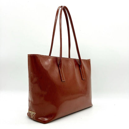 Prada Shoulder Tote Bag Triangle Logo Plate Enamel Leather Brown