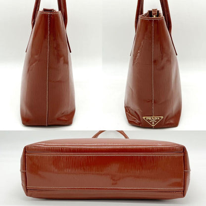 Prada Shoulder Tote Bag Triangle Logo Plate Enamel Leather Brown