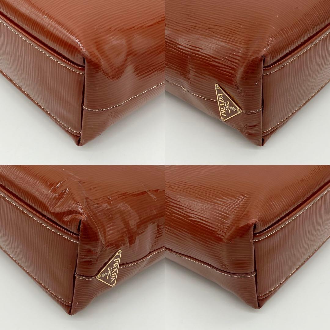 Prada Shoulder Tote Bag Triangle Logo Plate Enamel Leather Brown