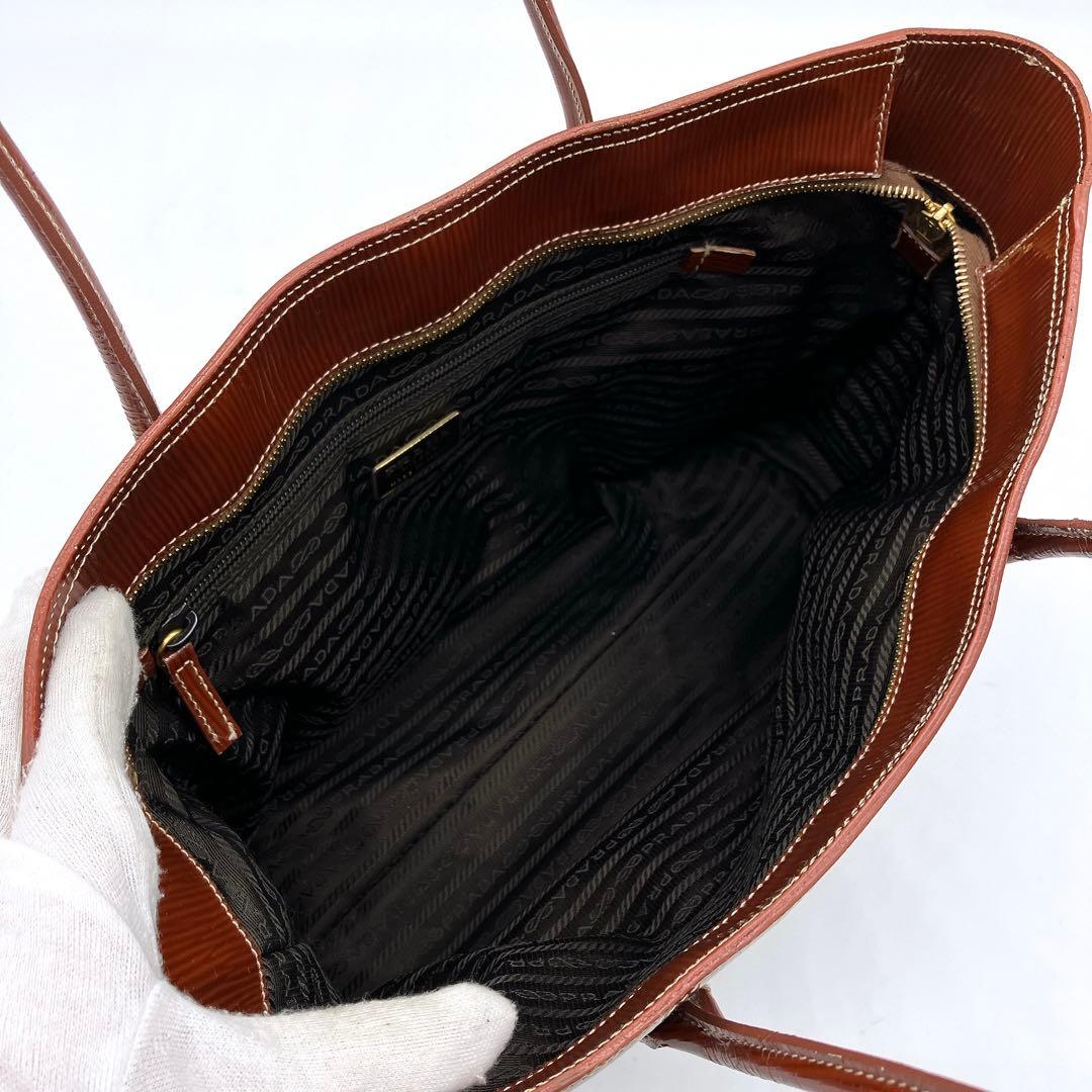 Prada Shoulder Tote Bag Triangle Logo Plate Enamel Leather Brown