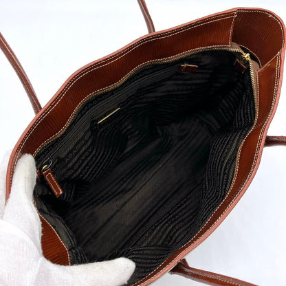 Prada Shoulder Tote Bag Triangle Logo Plate Enamel Leather Brown