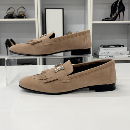 Hermes Royale Suede H Constance Fringe Loafers — view 3