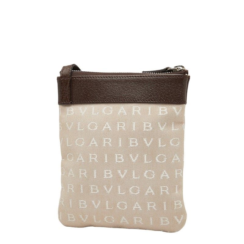 Bulgari Logomania Pochette Shoulder Bag Beige Brown Canvas Leather Women Bvlgari