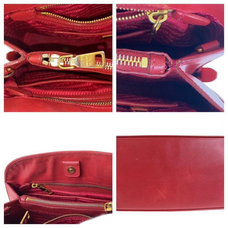 Prada Saffiano Triangle Logo Plate Red Gold Hardware Leather Handbag Shoulder