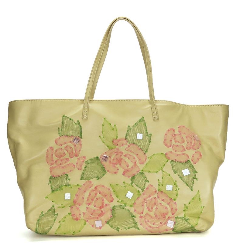 Fendi Tote Roll Bag Leather Beige Pink Green Silver Hardware Shoulder Floral A4