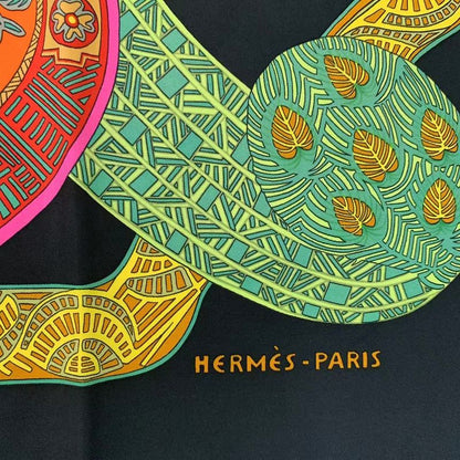 Hermes Carre 90 Artdessteppes Step Art Scarf Black Silk Black