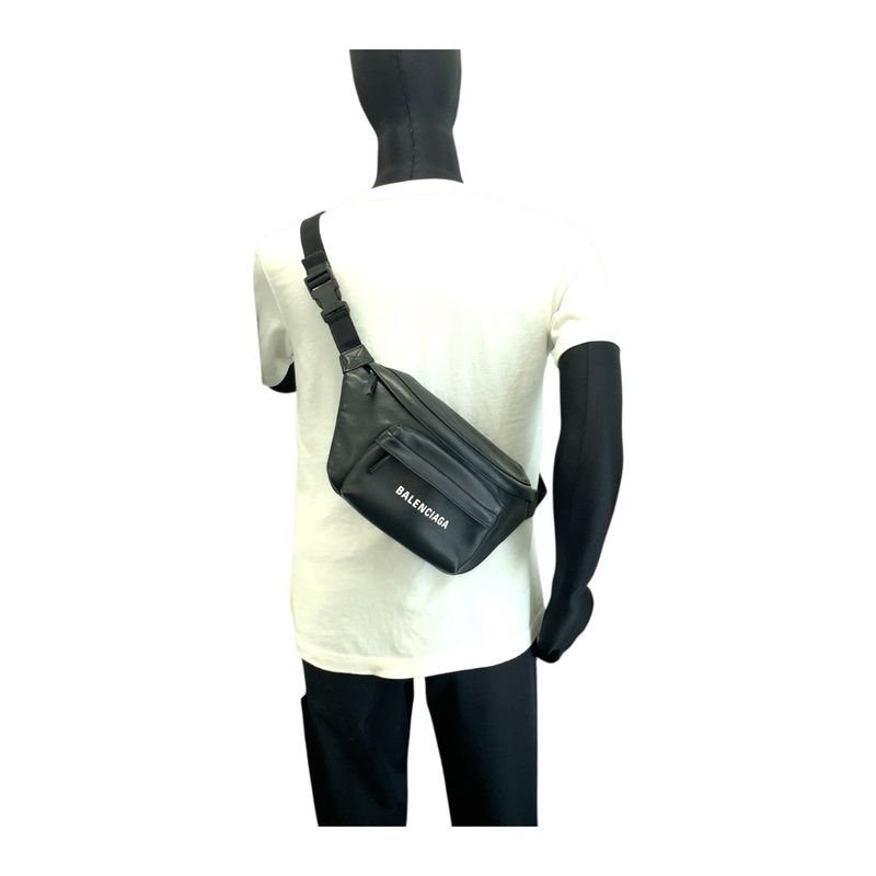 Balenciaga Everyday Logo Print Black Leather 552376 Body Bag Waist Bag Unisex