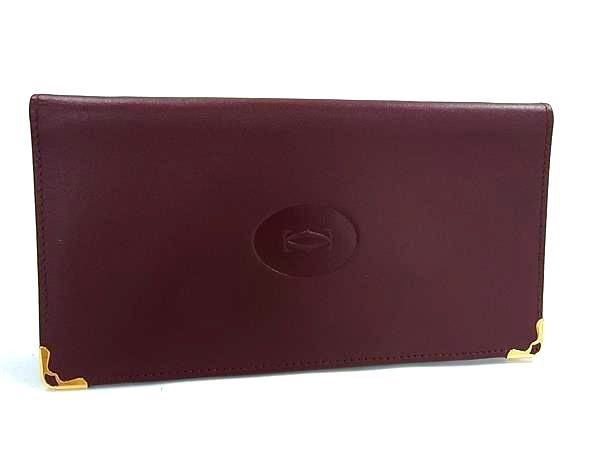 Cartier Must Line Leather Foldable Long Wallet Billfold Card Holder Bordeaux