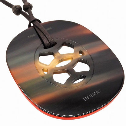 Hermes Lift GM Buffalo Horn with String Dark Brown Orange Pendant Necklace