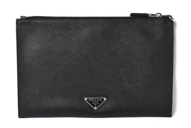 Prada Clutch Bag Travel Pouch Men's Prada Saffiano Patch Patchwork Black Azzurro