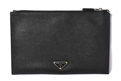 Prada Clutch Bag Travel Pouch Men's Prada Saffiano Patch Patchwork Black Azzurro