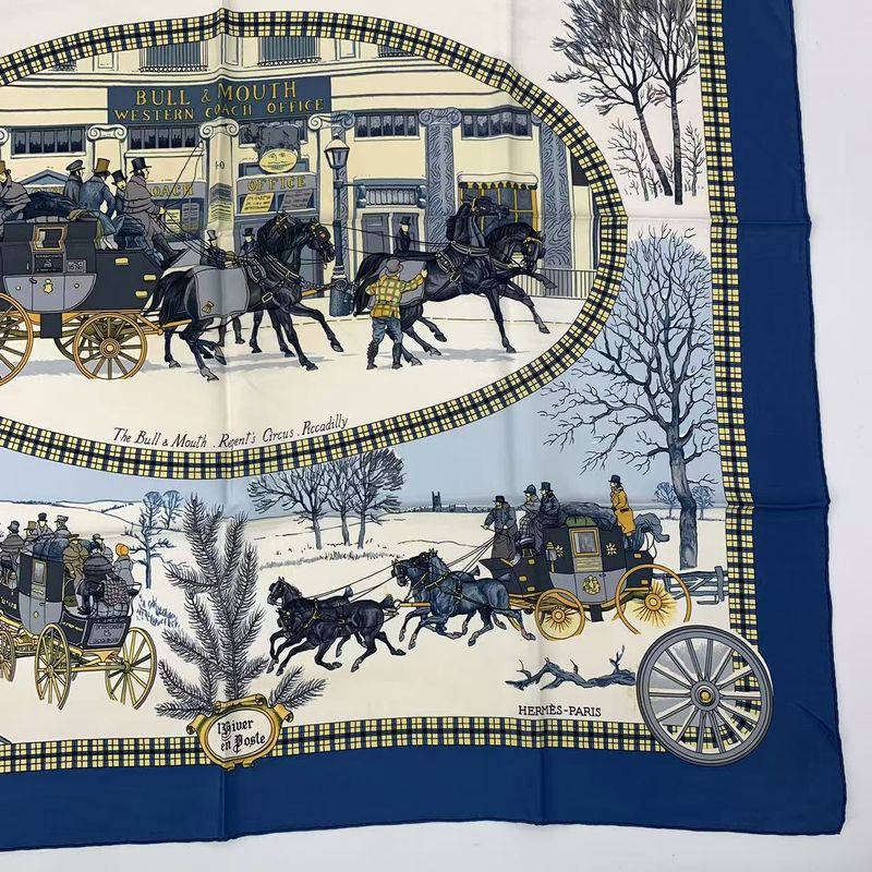 Hermes Carre 90 Postal Coach Lhiver EN Poste Scarf Silk Blue