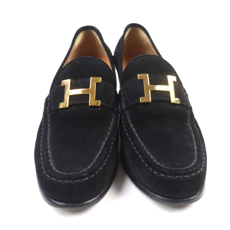 Hermes Gold Hardware With H Logo Hardware Chunky Heel Suede Leather Loafers