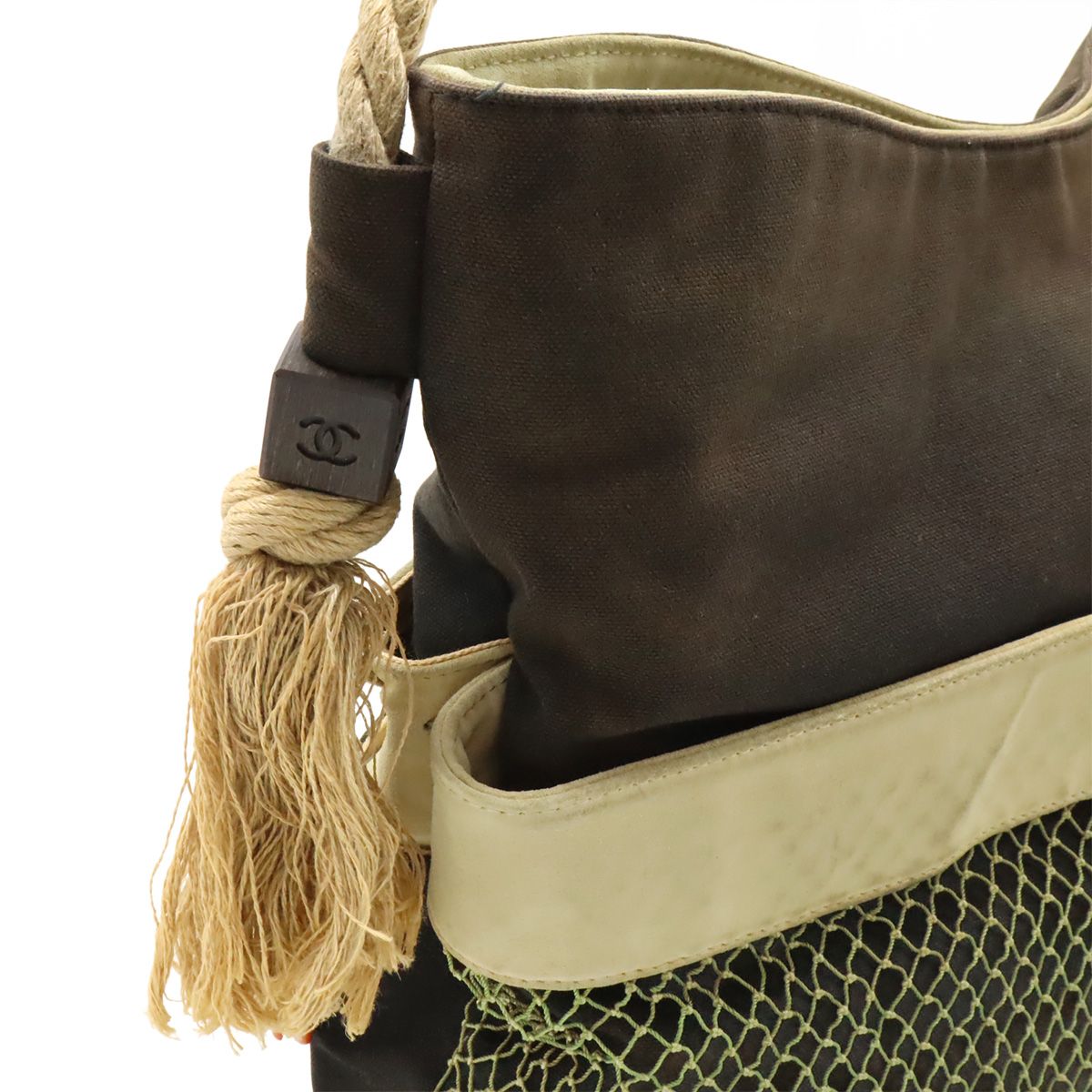 Chanel Fishnet Rope Coco Mark Camellia Tote Handbag Canvas Leather Wood Black