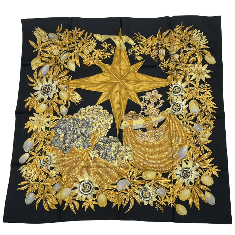 Hermes Carre 90 Passiflores Passion Flower Black 100% Silk Scarf