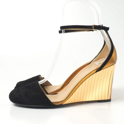 Gucci Sandals Size 37 Mirrored Wedge Sole Ankle Strap Suede Gold Black Shoes