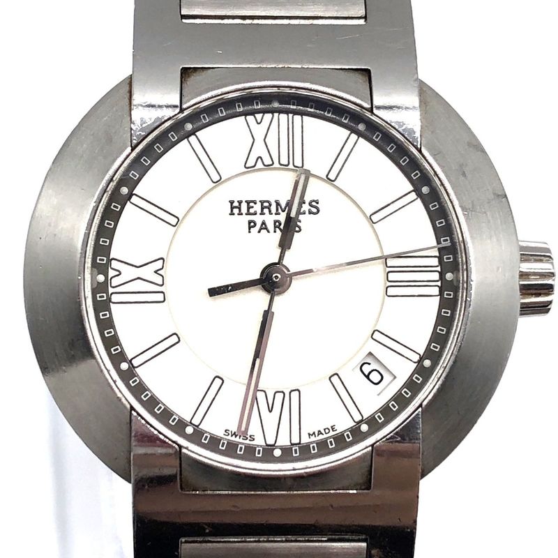 Hermes Nomade No1.210 Watch Quartz Date Metal Belt Silver White Dial Ladies