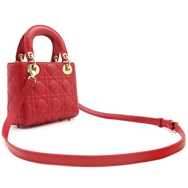 Christian Dior 2way Bag Lady Dior Mini Lambskin Red Gold Hardware Red Shoulder