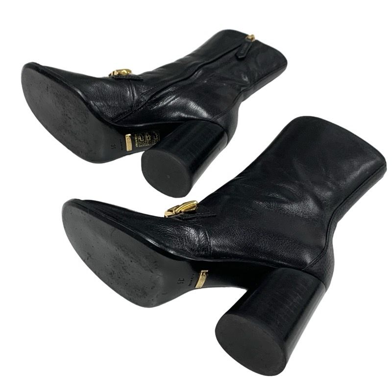 Gucci Boots Short Boots Shoes Leather Black Gold Chain Belt