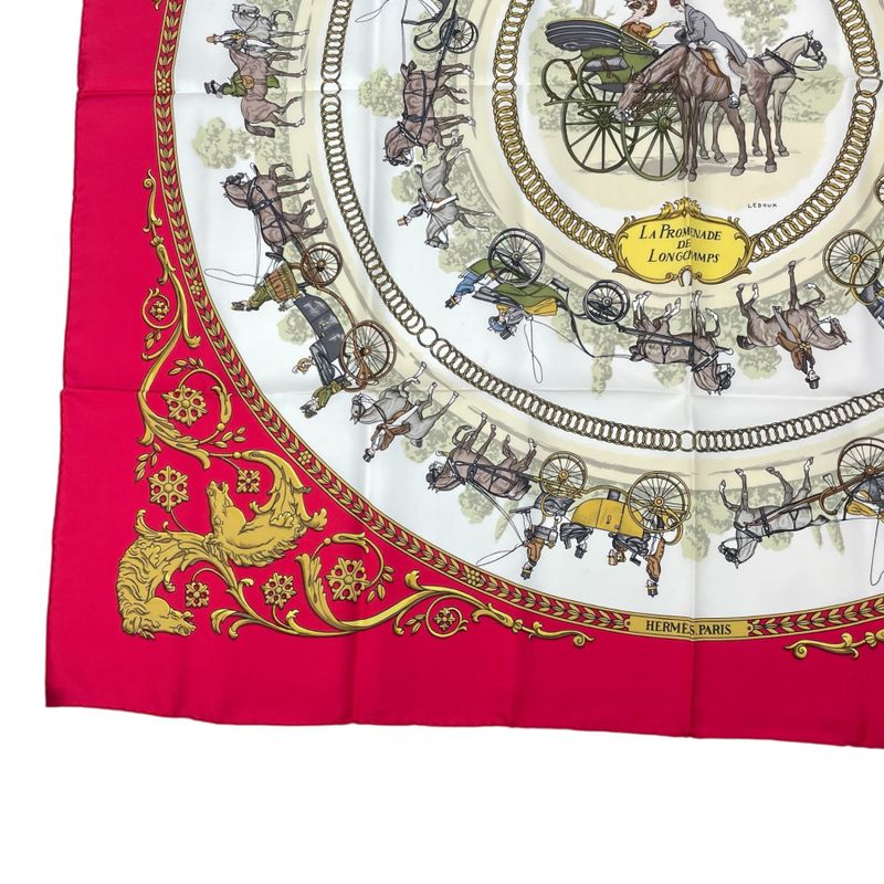 Hermes Scarf Silk Carre 90 LA Promenade DE Longchamps Walk To Ron Chien Red