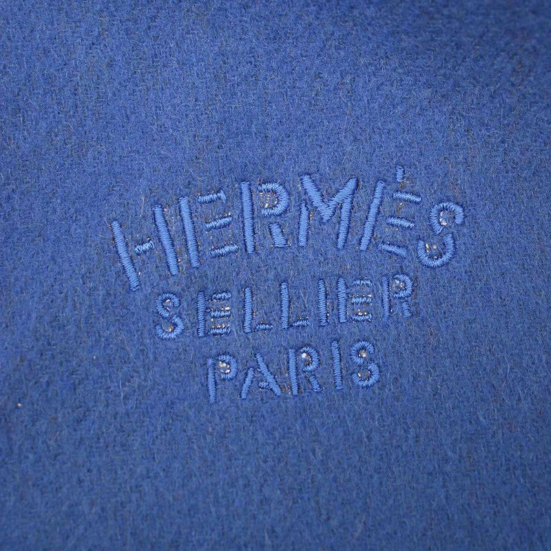 Hermes Logo Embroidery Bicolor Cashmere Fringe Scarf Blue Brown